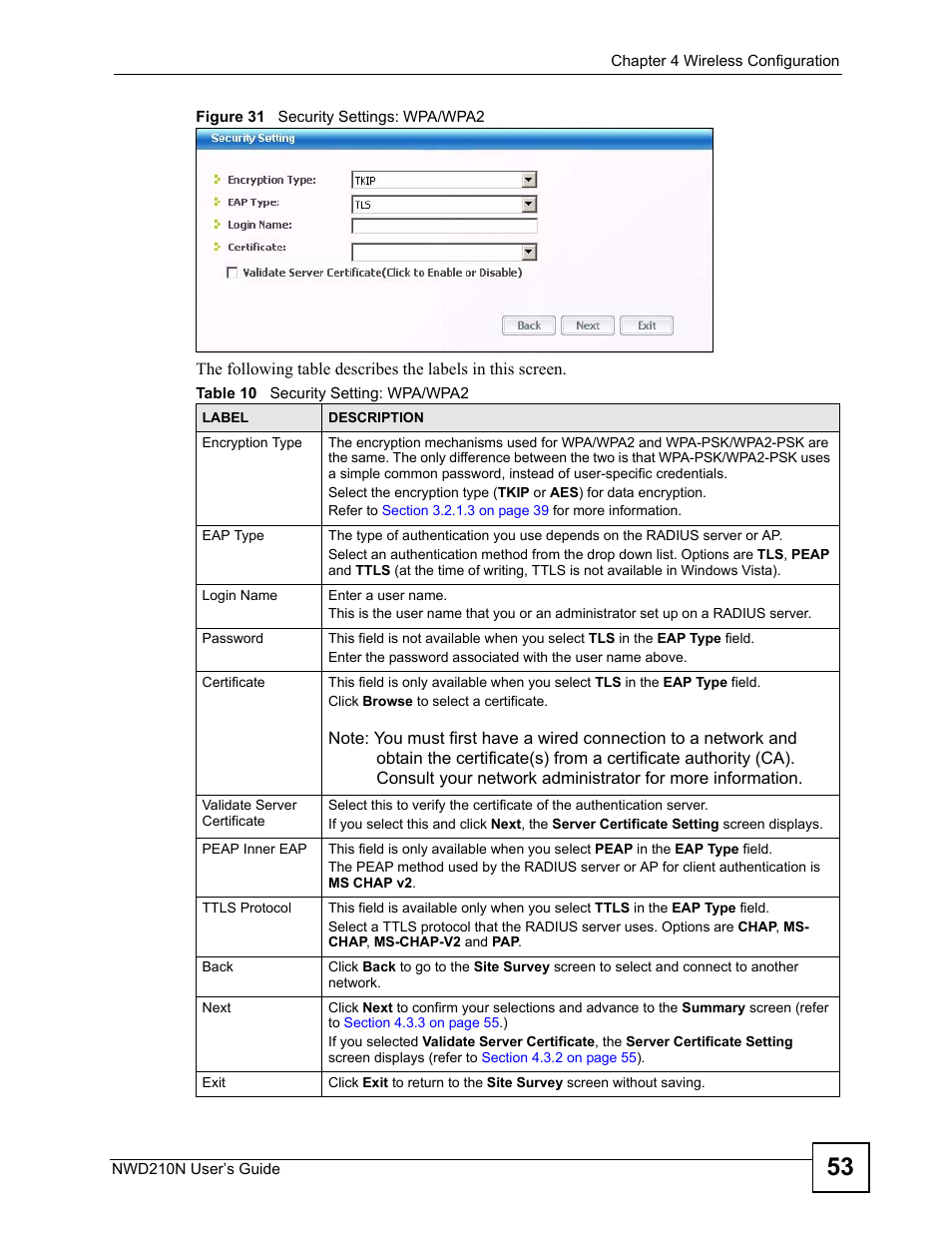 Figure 31 security settings: wpa/wpa2, Table 10 security setting: wpa/wpa2 | ZyXEL Communications NWD210N User Manual | Page 53 / 152