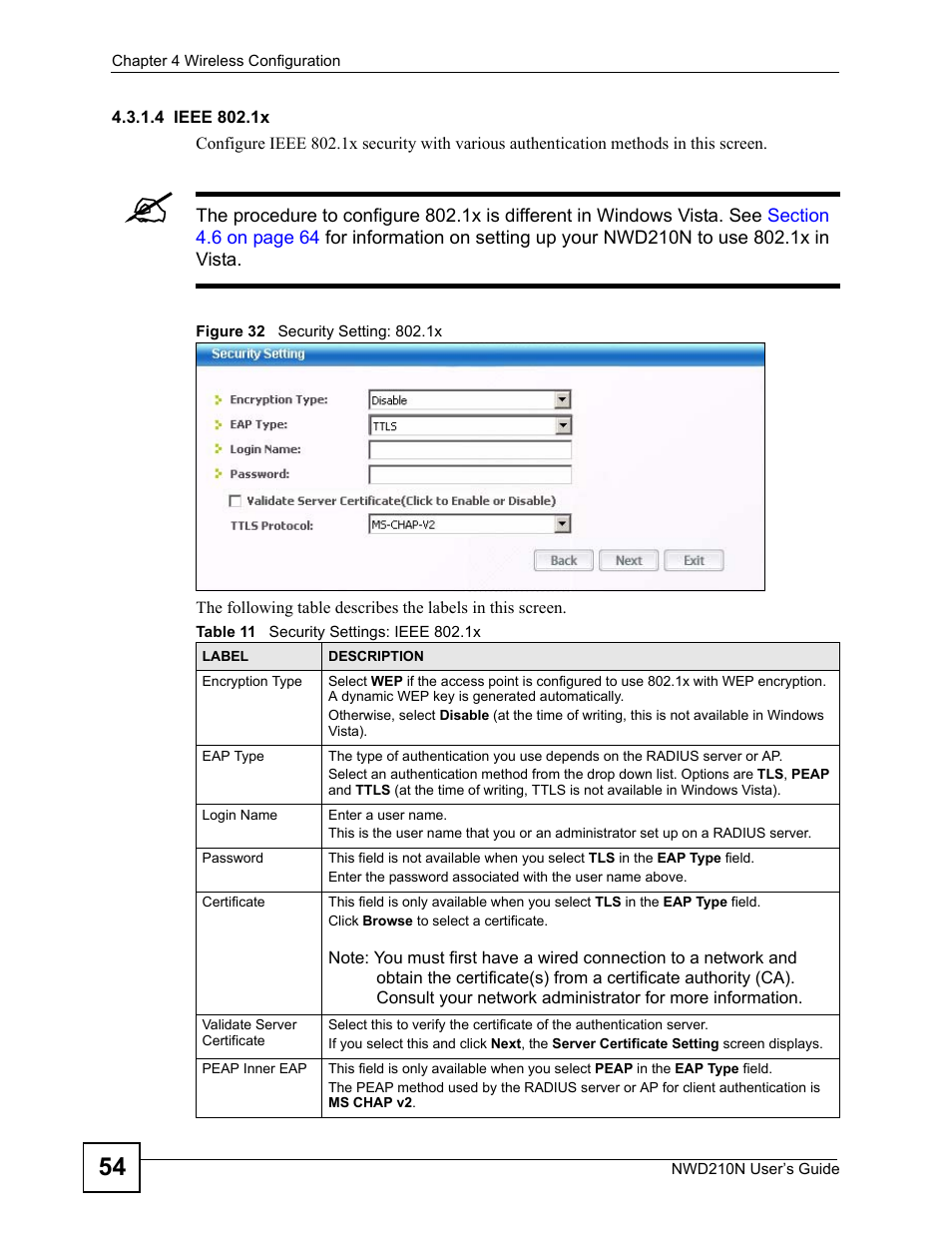 Figure 32 security setting: 802.1x, Table 11 security settings: ieee 802.1x | ZyXEL Communications NWD210N User Manual | Page 54 / 152