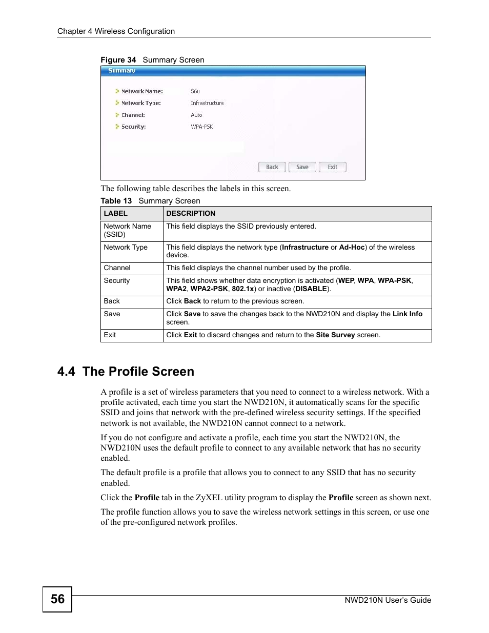 4 the profile screen, Figure 34 summary screen, Table 13 summary screen | ZyXEL Communications NWD210N User Manual | Page 56 / 152