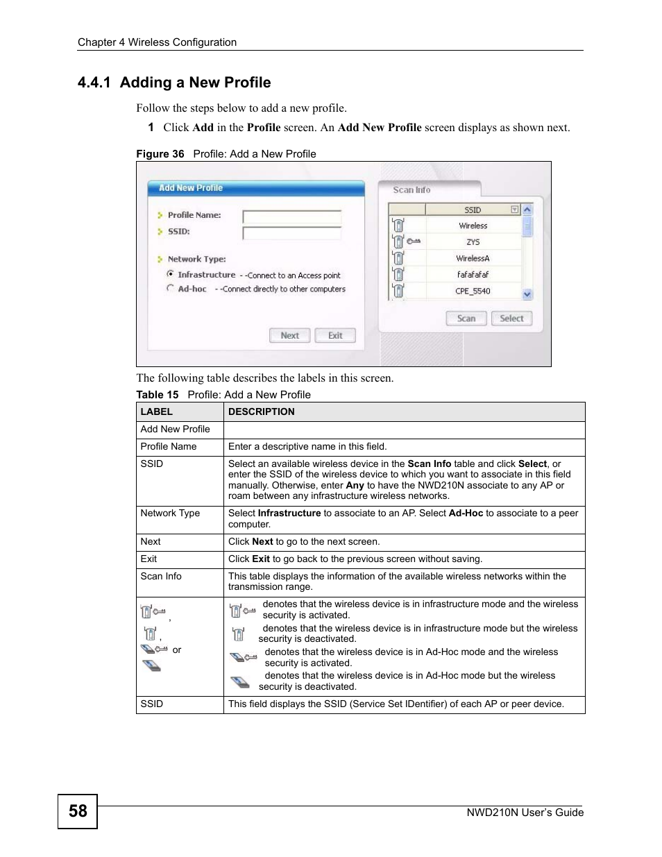 1 adding a new profile, Figure 36 profile: add a new profile, Table 15 profile: add a new profile | ZyXEL Communications NWD210N User Manual | Page 58 / 152