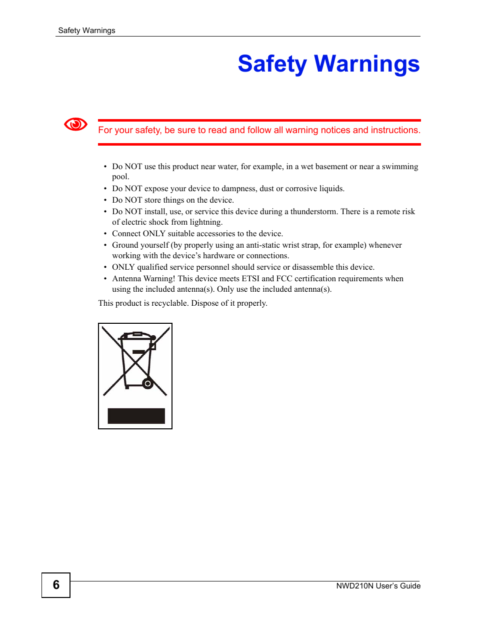 Safety warnings | ZyXEL Communications NWD210N User Manual | Page 6 / 152