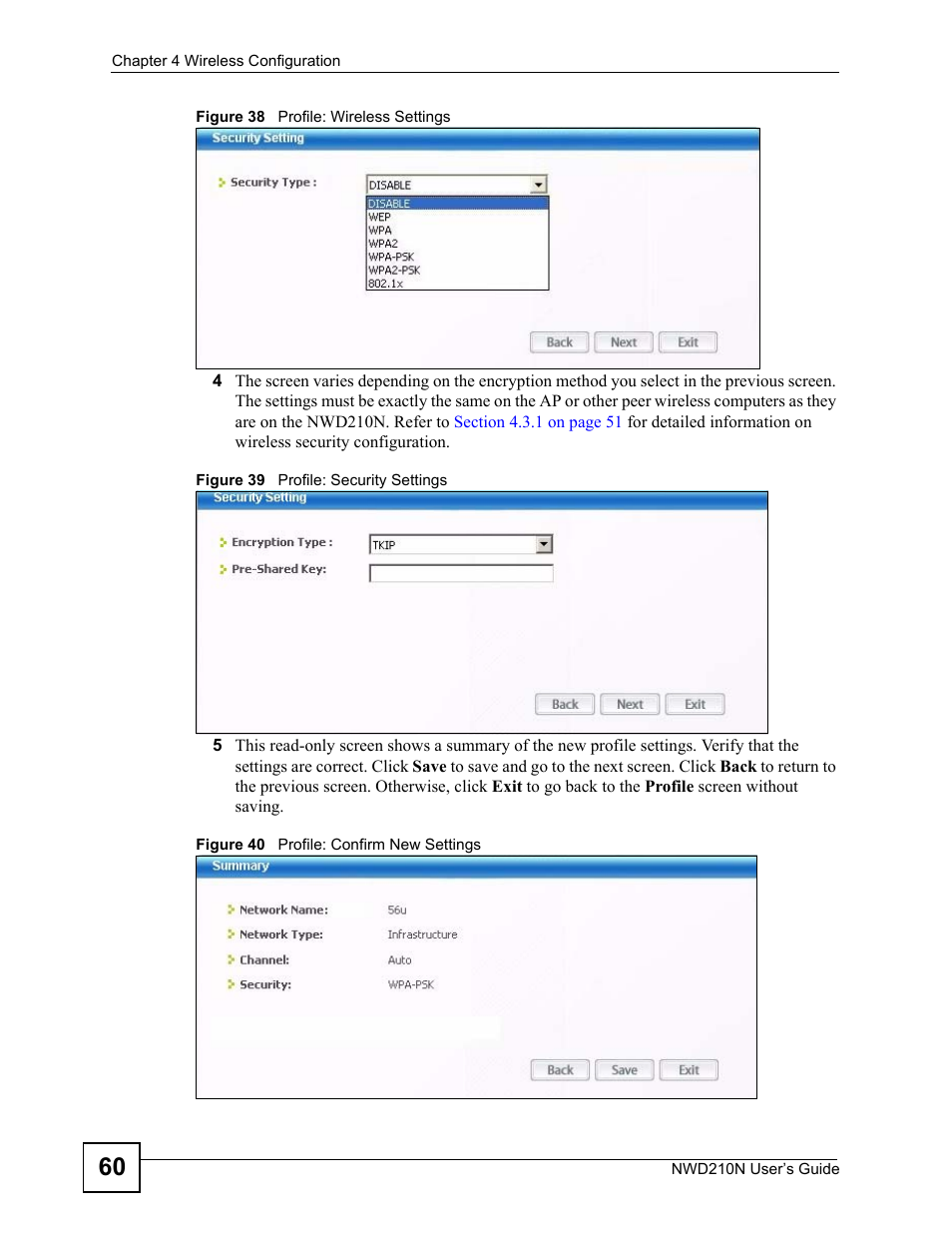 Figure 38 profile: wireless settings | ZyXEL Communications NWD210N User Manual | Page 60 / 152