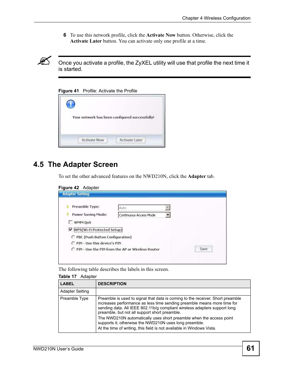5 the adapter screen, Table 17 adapter | ZyXEL Communications NWD210N User Manual | Page 61 / 152