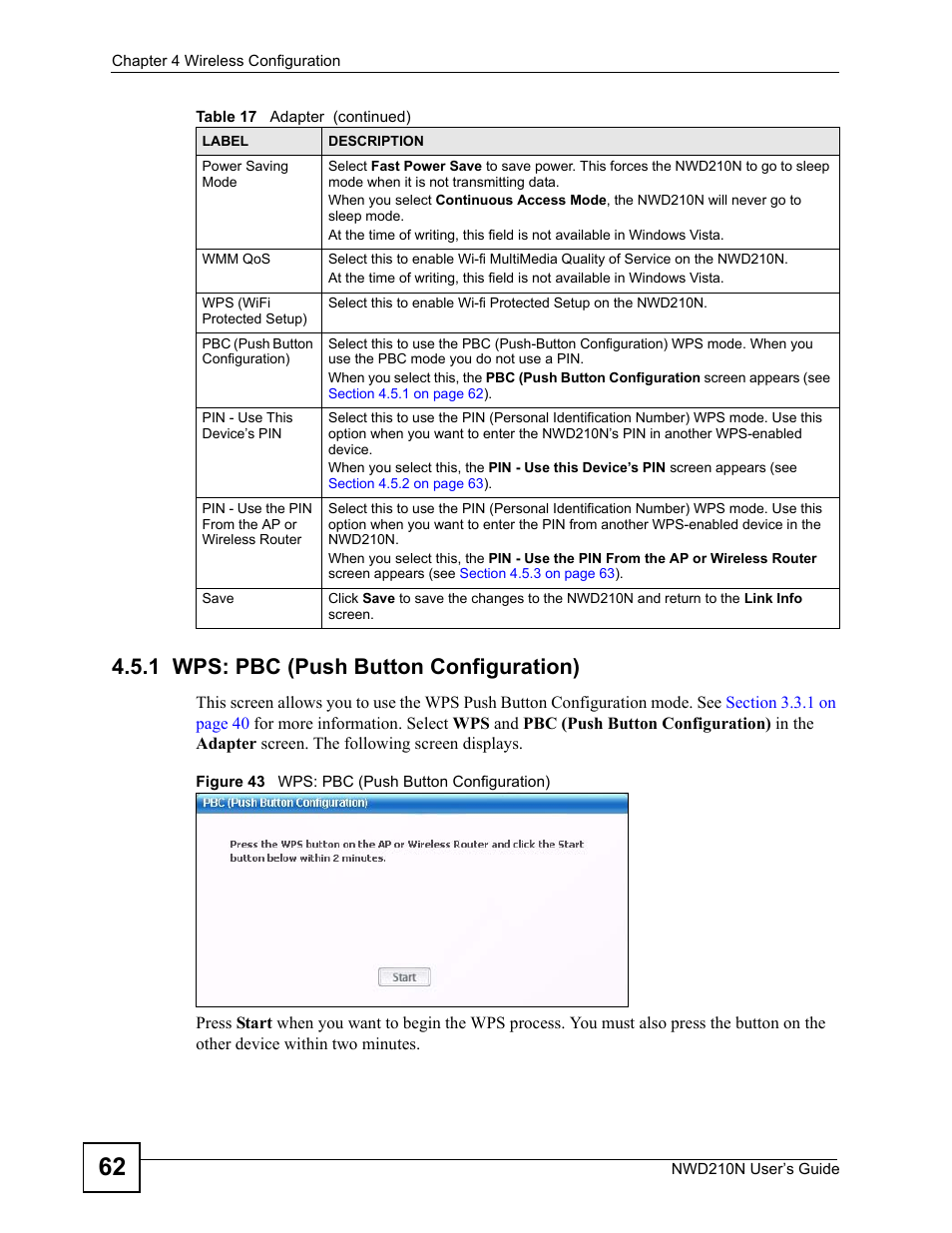 1 wps: pbc (push button configuration), Figure 43 wps: pbc (push button configuration) | ZyXEL Communications NWD210N User Manual | Page 62 / 152