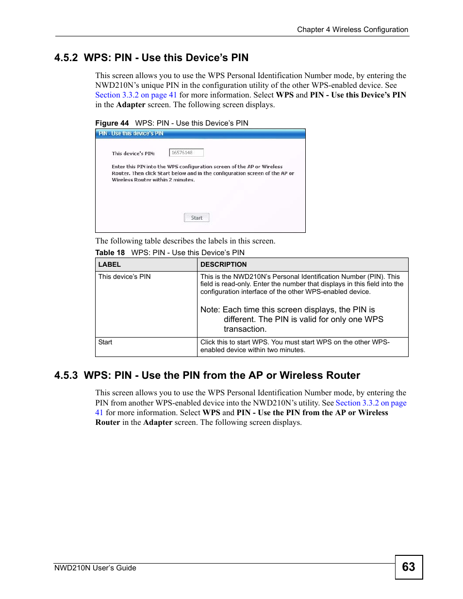2 wps: pin - use this device’s pin, Figure 44 wps: pin - use this device’s pin, Table 18 wps: pin - use this device’s pin | ZyXEL Communications NWD210N User Manual | Page 63 / 152