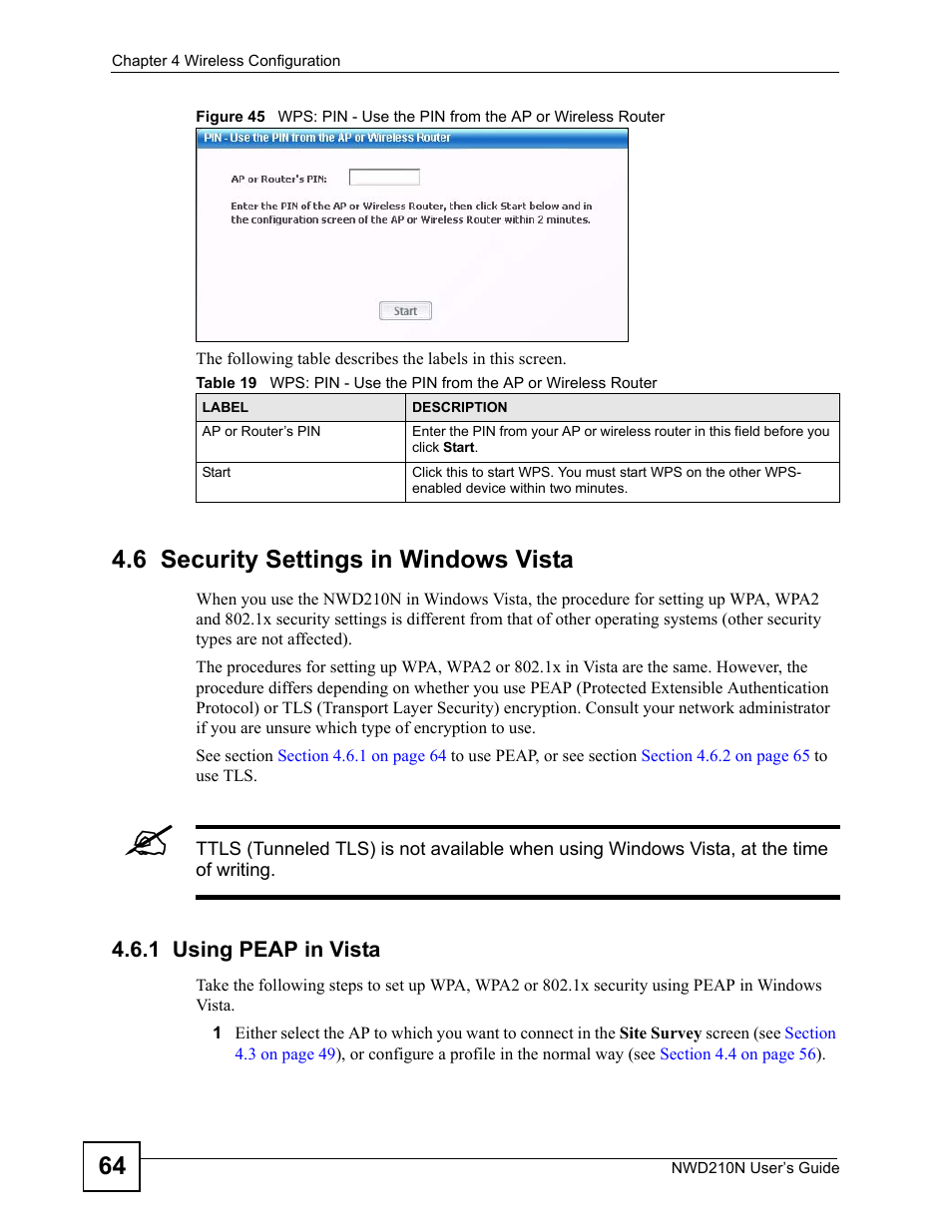 6 security settings in windows vista, 1 using peap in vista, A. see | Section, For information on setting up y | ZyXEL Communications NWD210N User Manual | Page 64 / 152