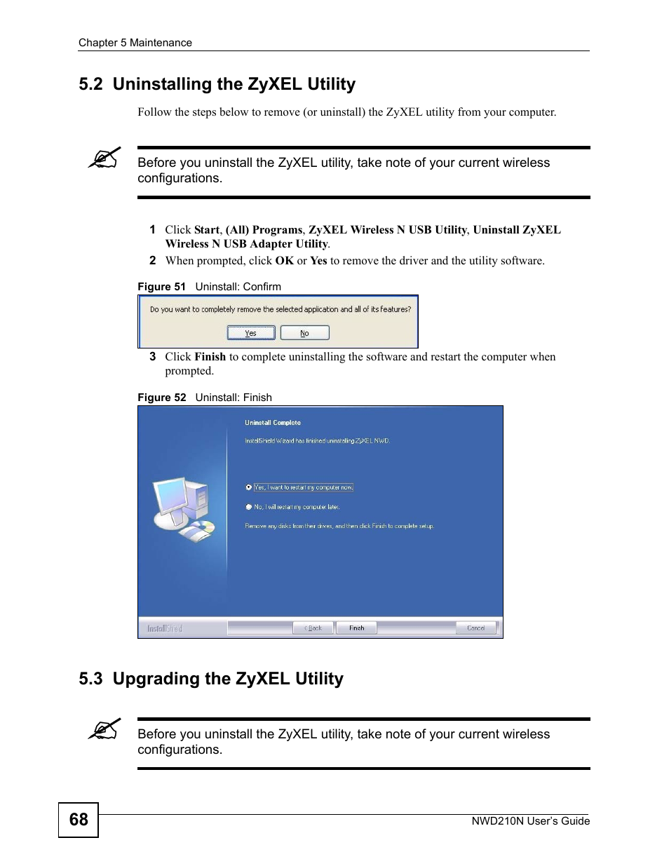 2 uninstalling the zyxel utility, 3 upgrading the zyxel utility | ZyXEL Communications NWD210N User Manual | Page 68 / 152