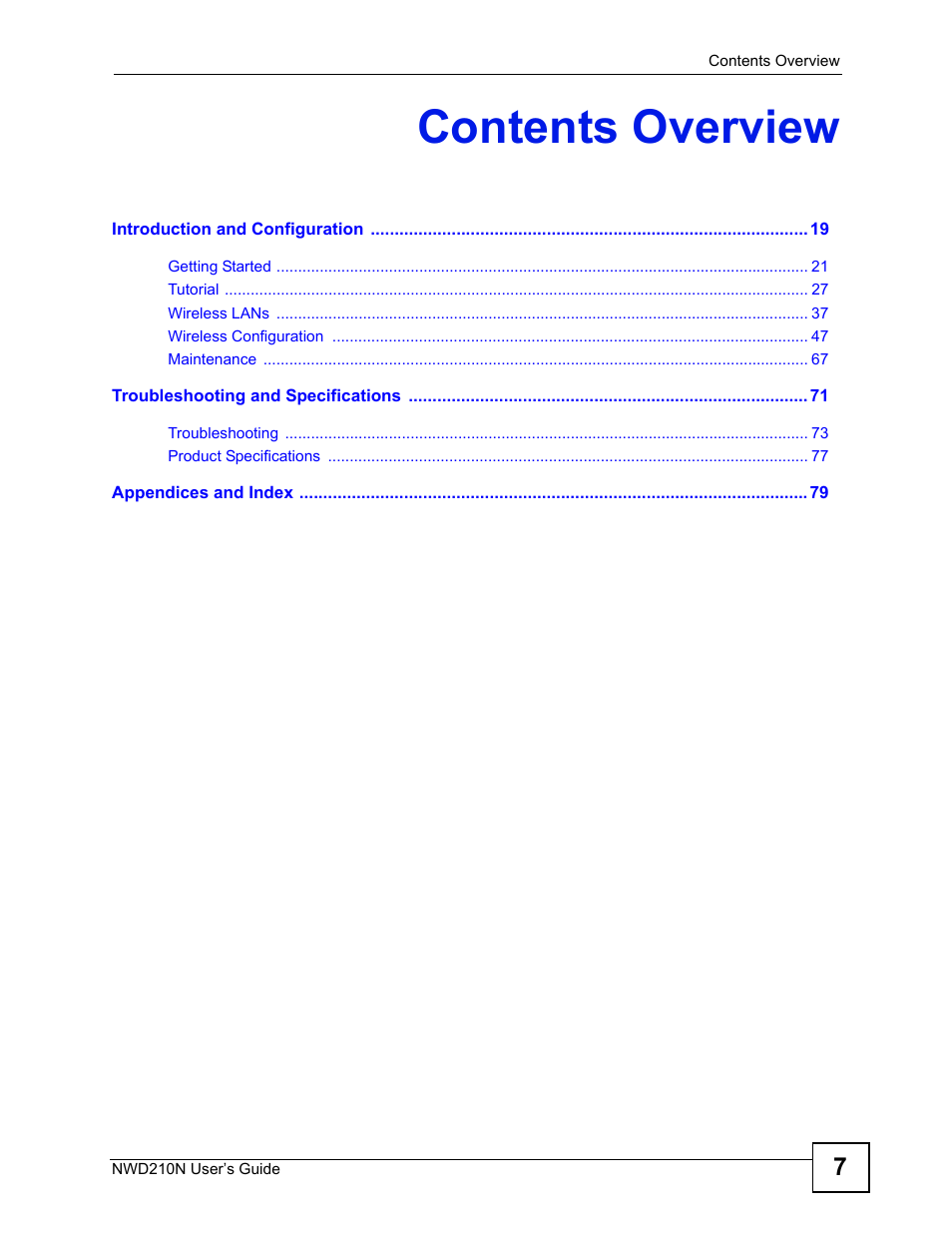 Contents overview | ZyXEL Communications NWD210N User Manual | Page 7 / 152