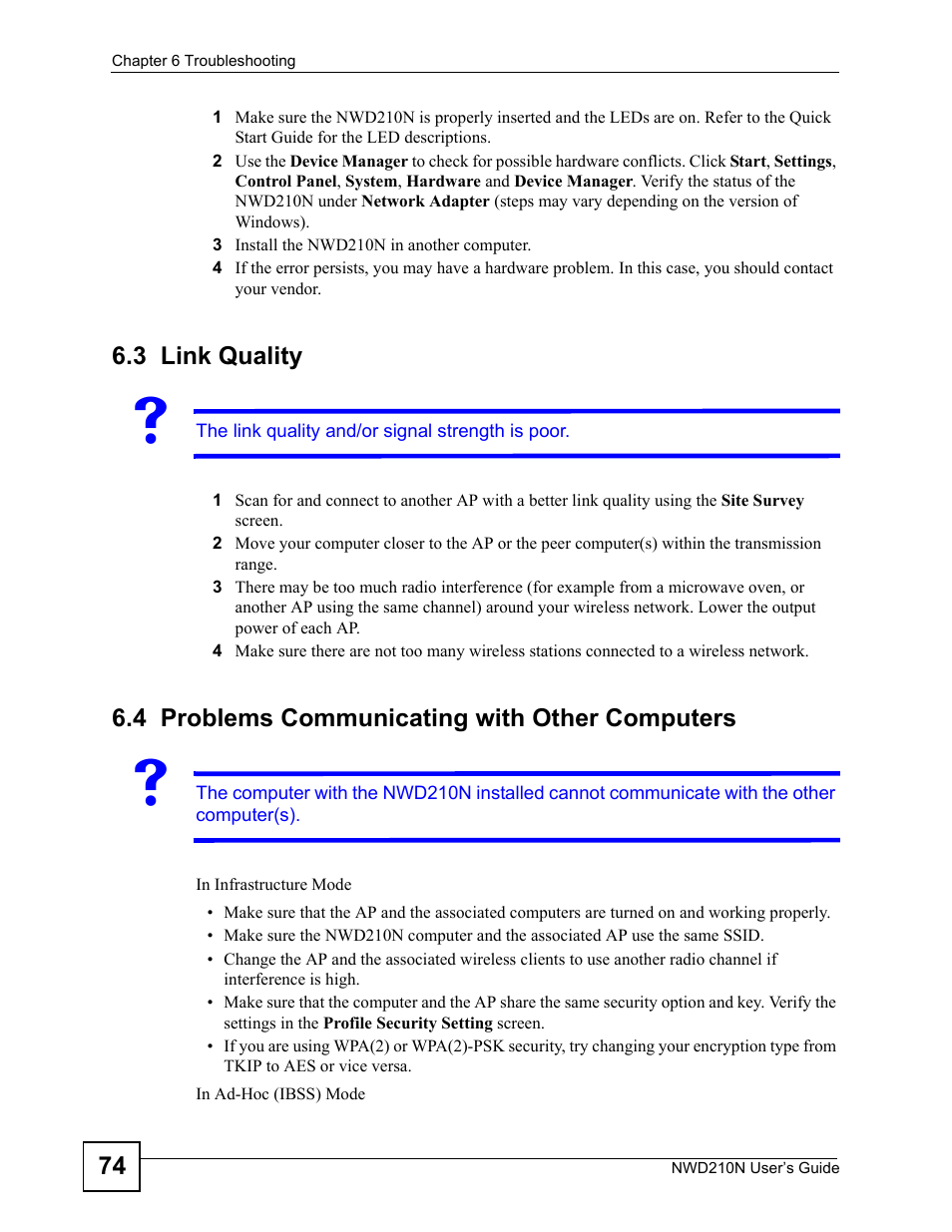 3 link quality, 4 problems communicating with other computers, Link quality | Problems communicating with other computers | ZyXEL Communications NWD210N User Manual | Page 74 / 152