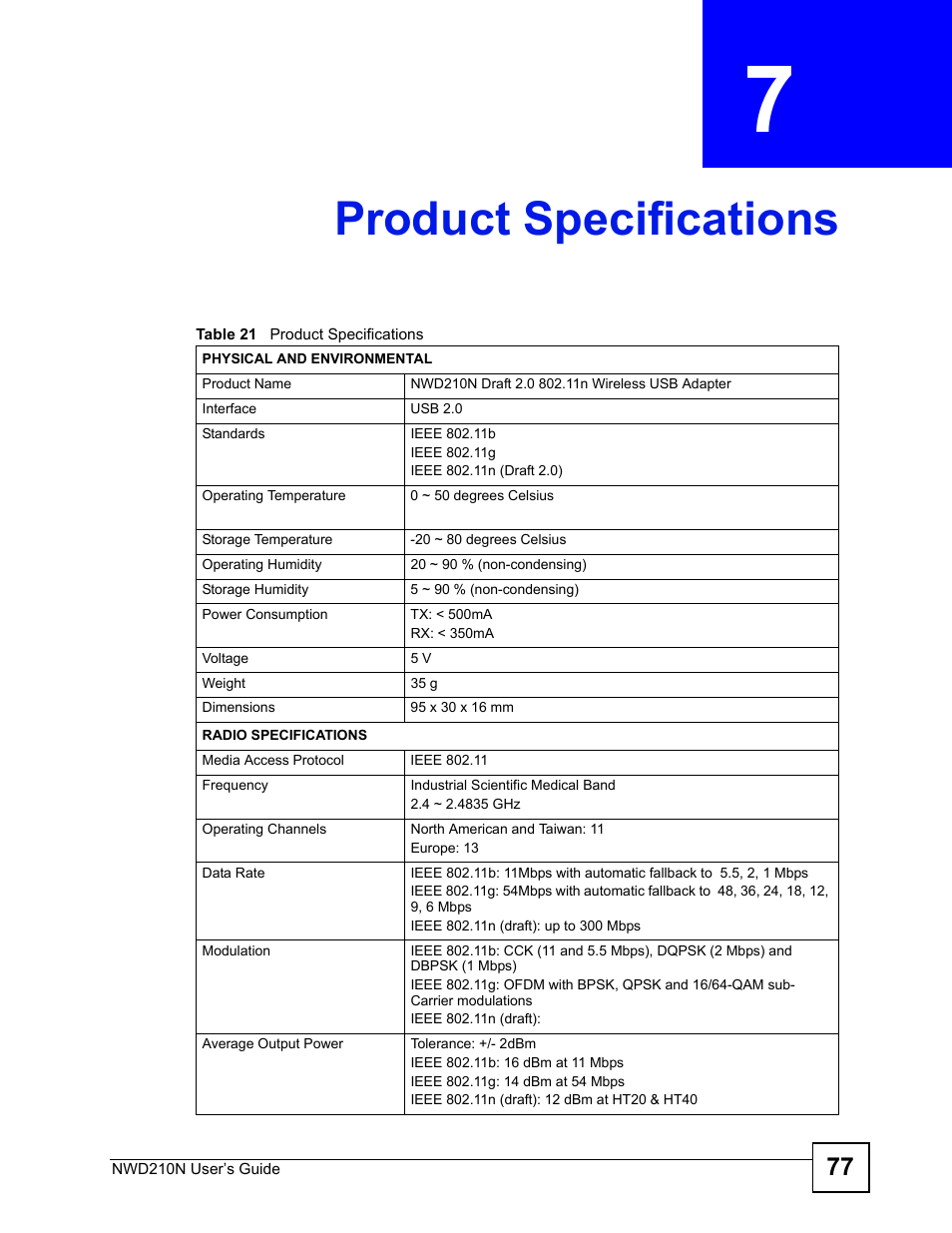 Product specifications, Chapter 7 product specifications, Table 21 product specifications | ZyXEL Communications NWD210N User Manual | Page 77 / 152