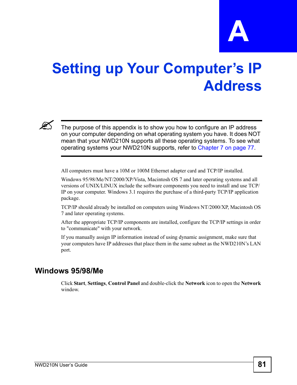 Setting up your computer’s ip address, Appendix a setting up your computer’s ip address, Setting up your computer’s ip address (81) | ZyXEL Communications NWD210N User Manual | Page 81 / 152