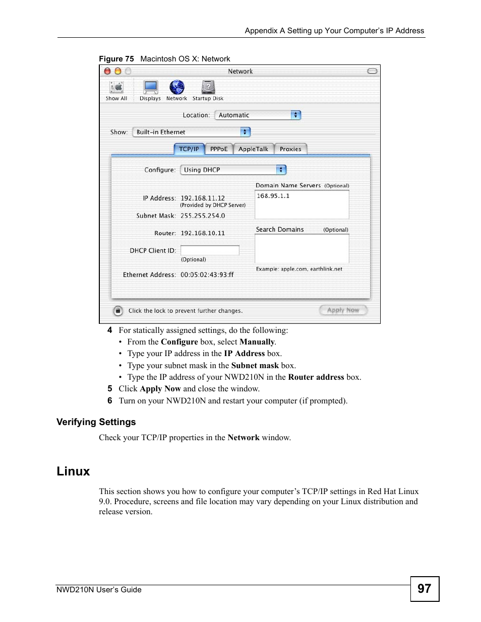 Figure 75 macintosh os x: network, Linux | ZyXEL Communications NWD210N User Manual | Page 97 / 152