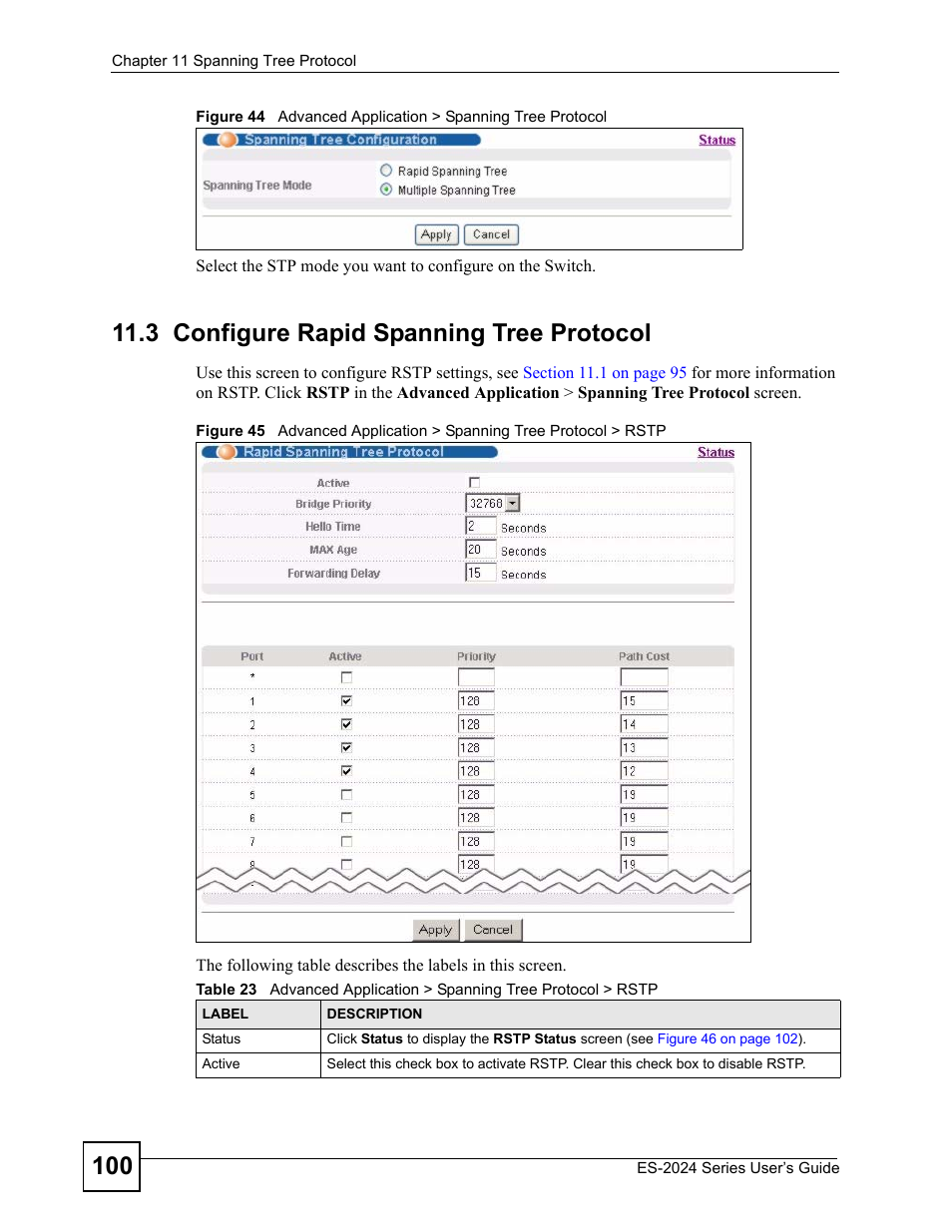 3 configure rapid spanning tree protocol | ZyXEL Communications ES-2024 Series User Manual | Page 100 / 266