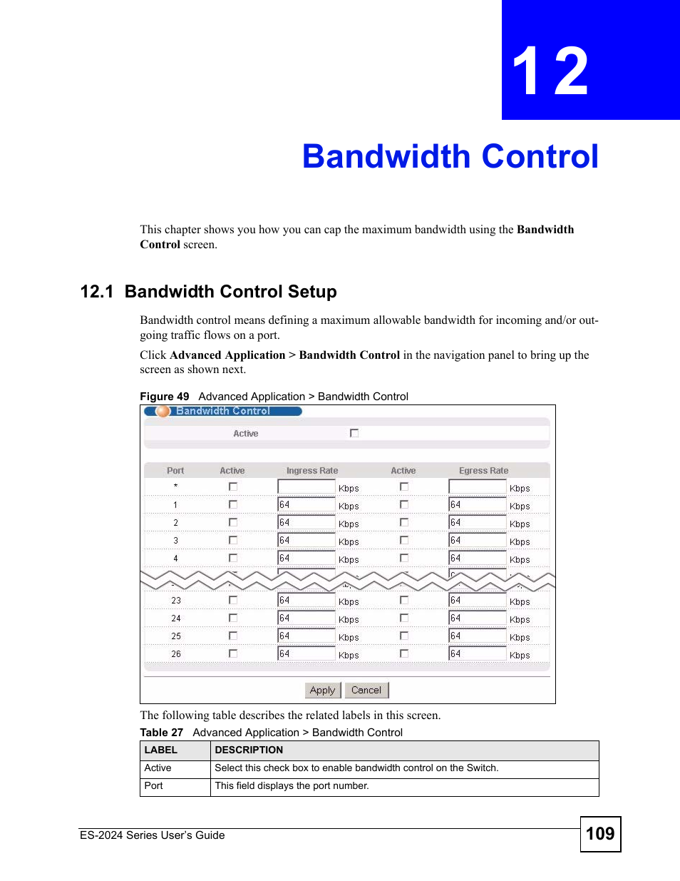 Bandwidth control, 1 bandwidth control setup, Chapter 12 bandwidth control | Figure 49 advanced application > bandwidth control, Table 27 advanced application > bandwidth control, Bandwidth control (109) | ZyXEL Communications ES-2024 Series User Manual | Page 109 / 266