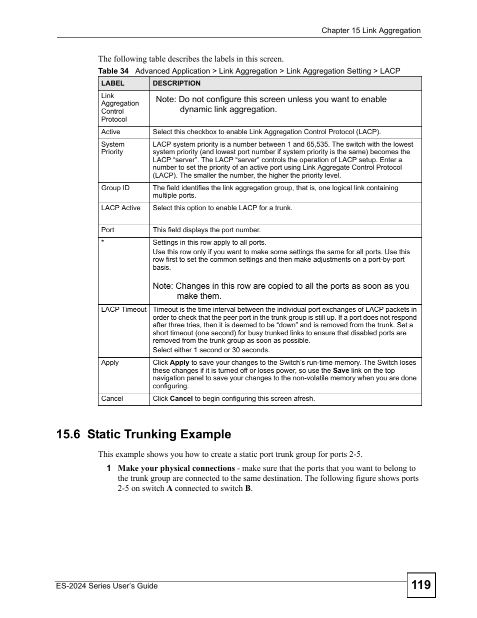 6 static trunking example | ZyXEL Communications ES-2024 Series User Manual | Page 119 / 266