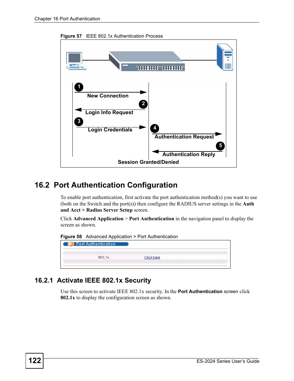 2 port authentication configuration, 1 activate ieee 802.1x security | ZyXEL Communications ES-2024 Series User Manual | Page 122 / 266