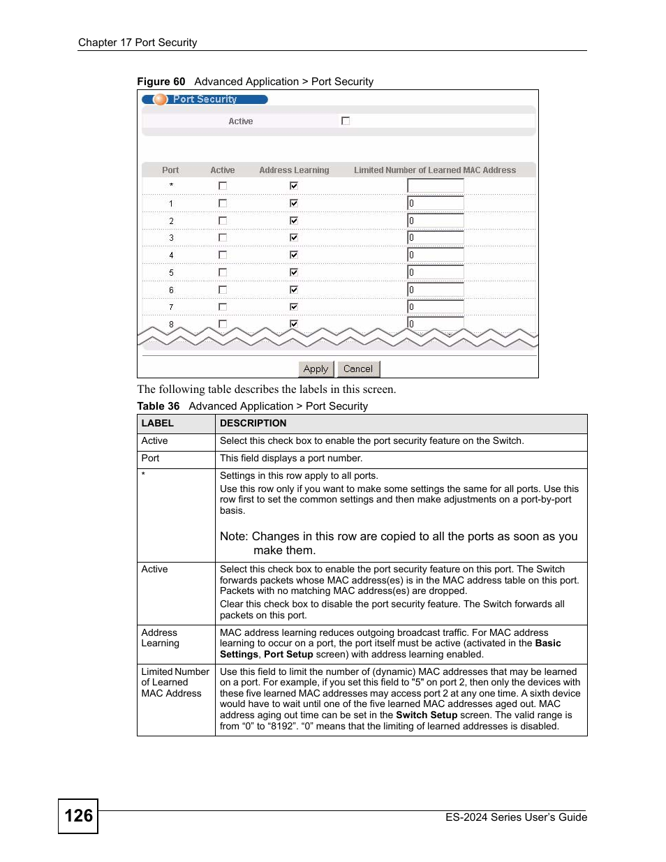 Figure 60 advanced application > port security, Table 36 advanced application > port security | ZyXEL Communications ES-2024 Series User Manual | Page 126 / 266
