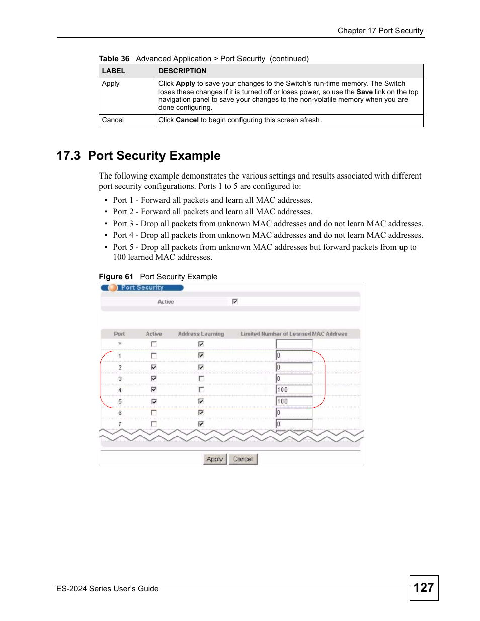 3 port security example, Figure 61 port security example, Section | ZyXEL Communications ES-2024 Series User Manual | Page 127 / 266