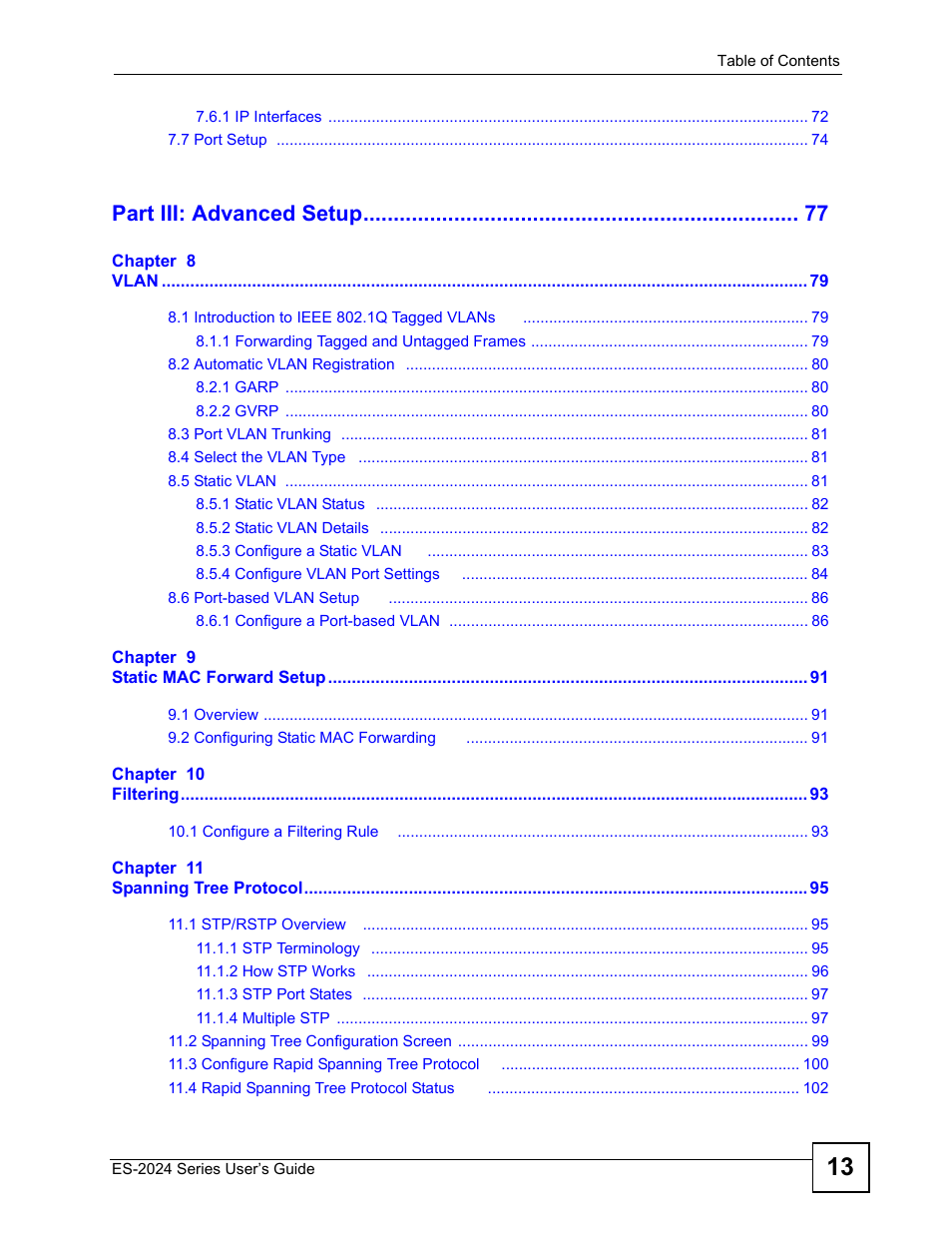 Part iii: advanced setup | ZyXEL Communications ES-2024 Series User Manual | Page 13 / 266