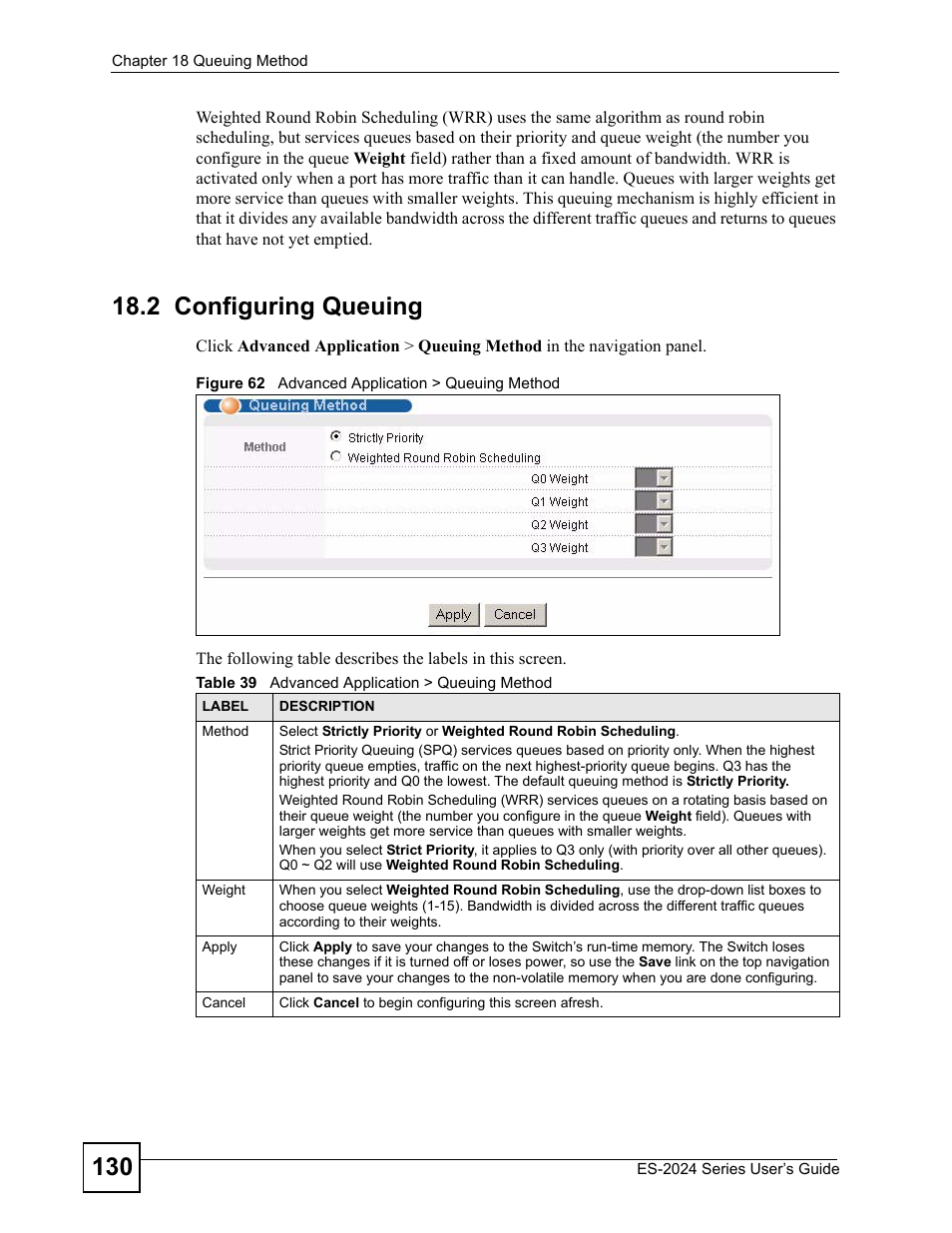 2 configuring queuing, Figure 62 advanced application > queuing method, Table 39 advanced application > queuing method | ZyXEL Communications ES-2024 Series User Manual | Page 130 / 266