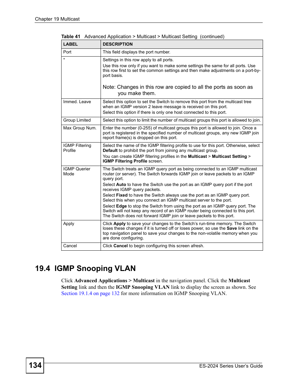 4 igmp snooping vlan | ZyXEL Communications ES-2024 Series User Manual | Page 134 / 266