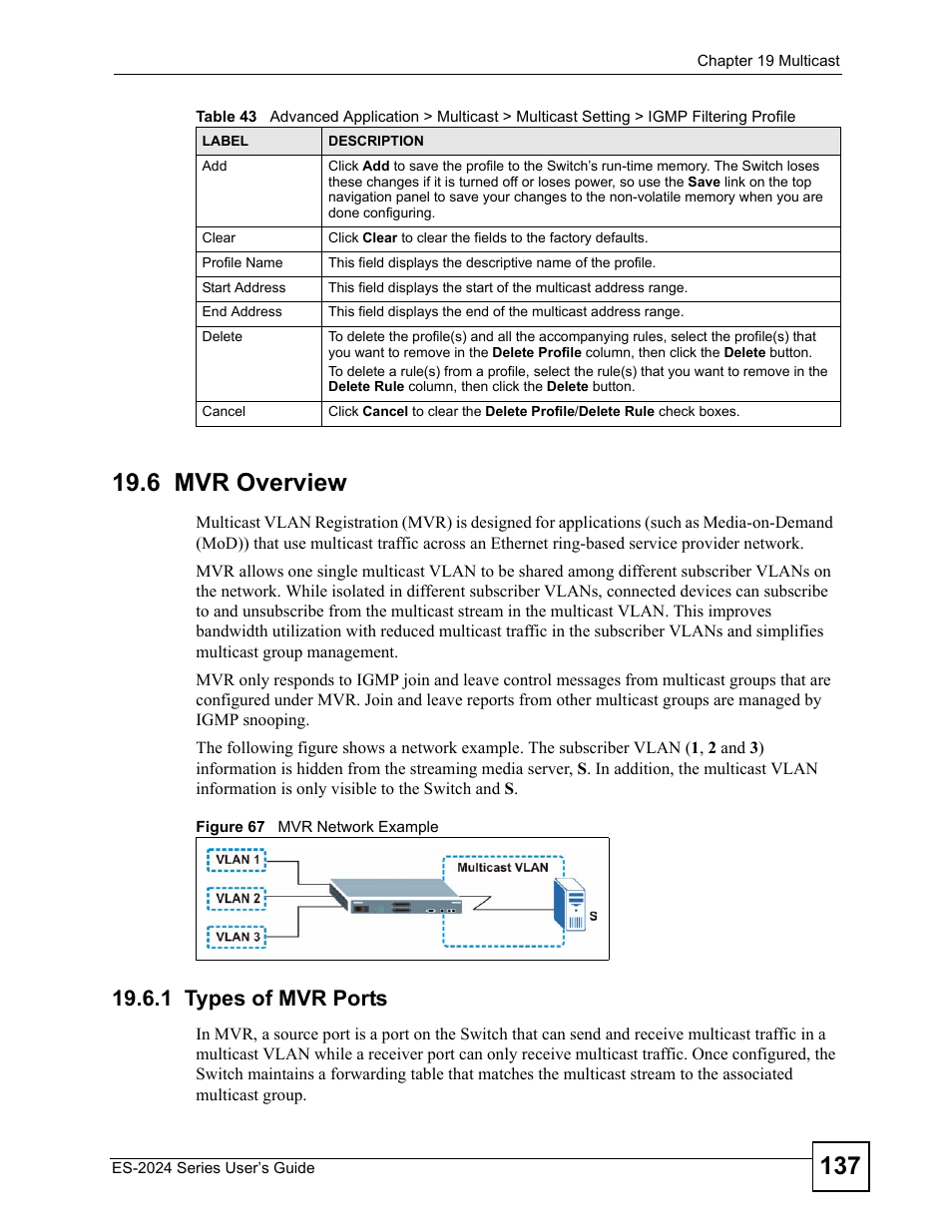 6 mvr overview, 1 types of mvr ports, Figure 67 mvr network example | ZyXEL Communications ES-2024 Series User Manual | Page 137 / 266