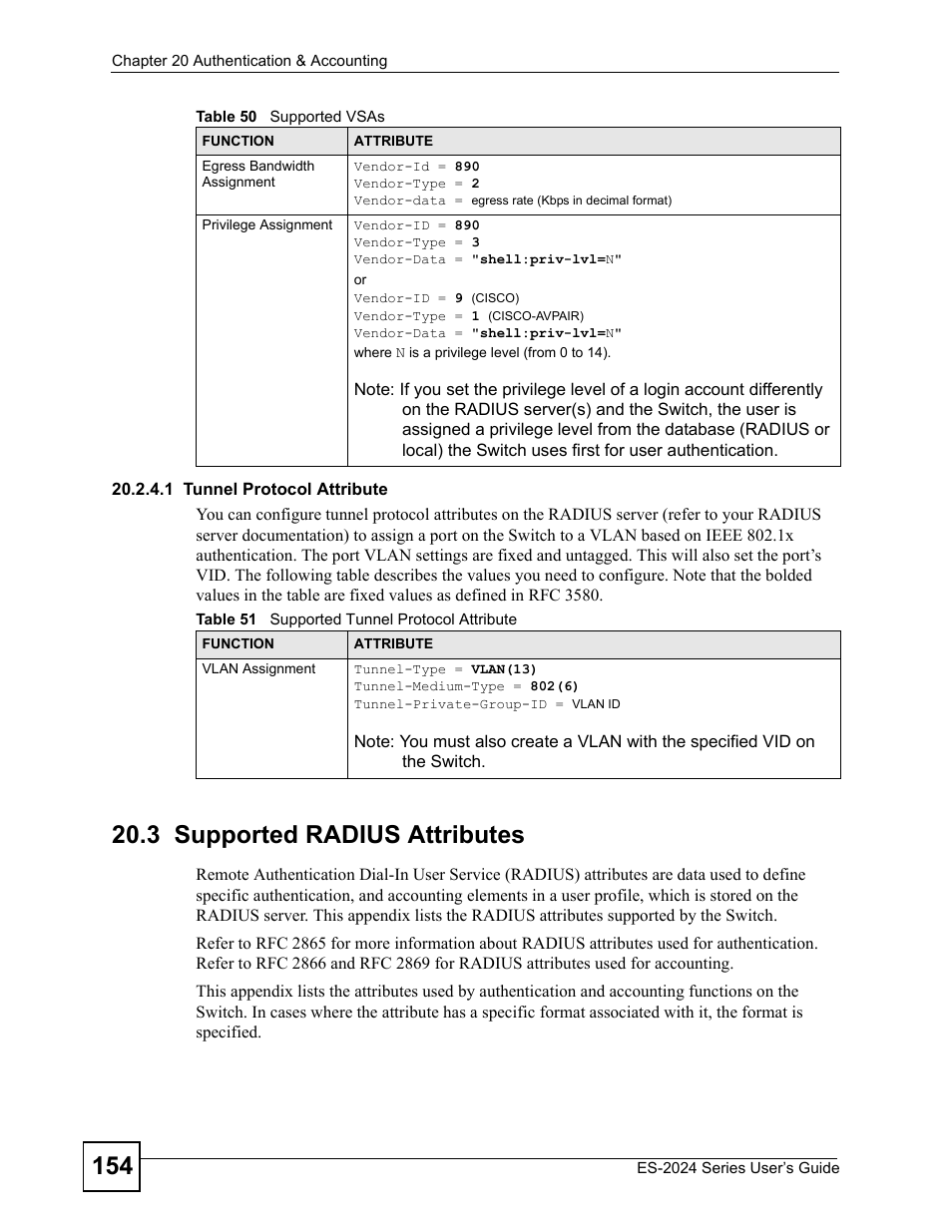 3 supported radius attributes, Table 51 supported tunnel protocol attribute | ZyXEL Communications ES-2024 Series User Manual | Page 154 / 266