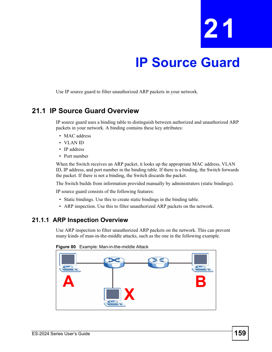 Ip source guard, 1 ip source guard overview, 1 arp inspection overview | Chapter 21 ip source guard, Figure 80 example: man-in-the-middle attack, Ip source guard (159), Ax b | ZyXEL Communications ES-2024 Series User Manual | Page 159 / 266