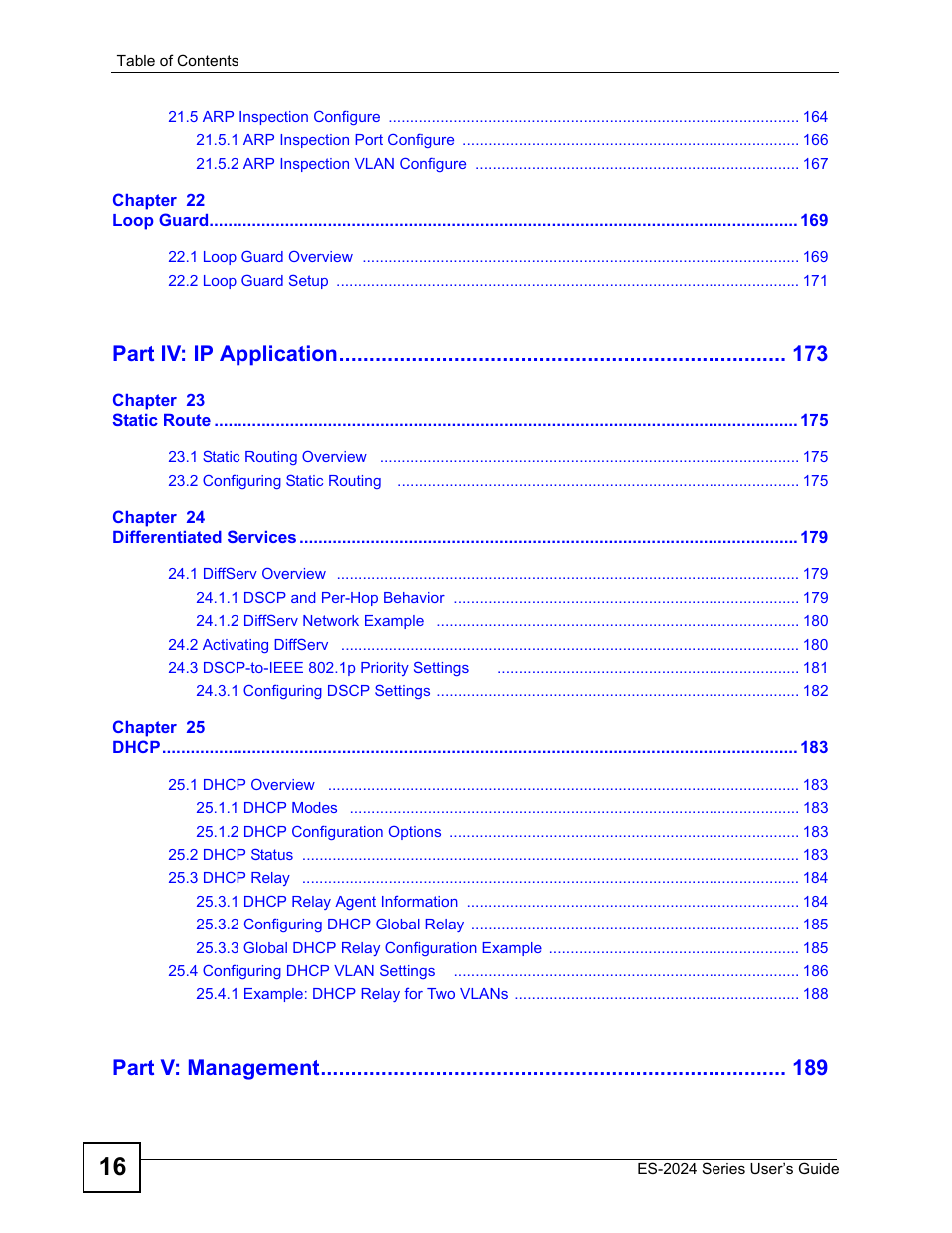 Part iv: ip application, Part v: management | ZyXEL Communications ES-2024 Series User Manual | Page 16 / 266