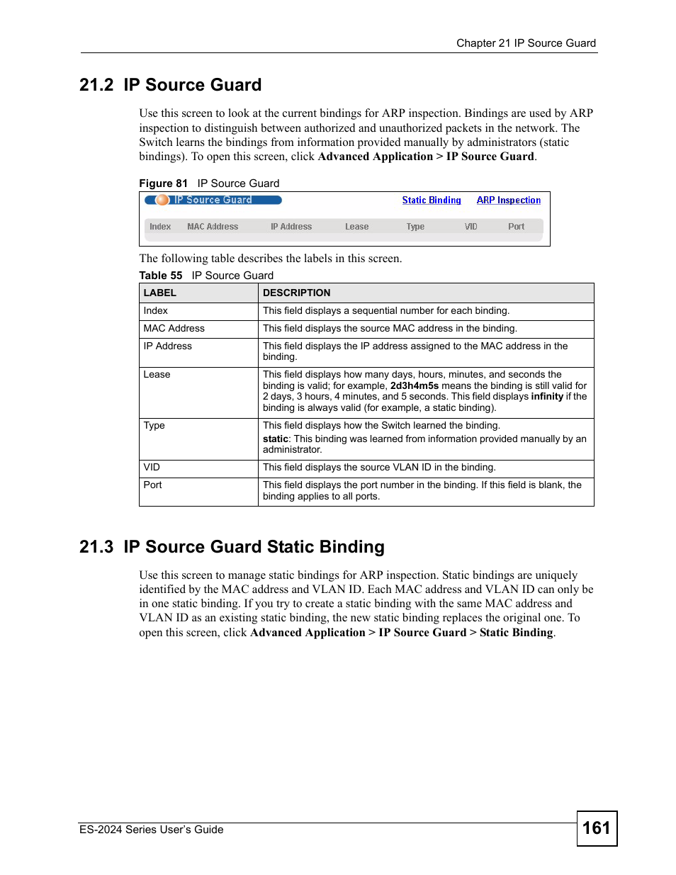 2 ip source guard, 3 ip source guard static binding, Figure 81 ip source guard | Table 55 ip source guard | ZyXEL Communications ES-2024 Series User Manual | Page 161 / 266