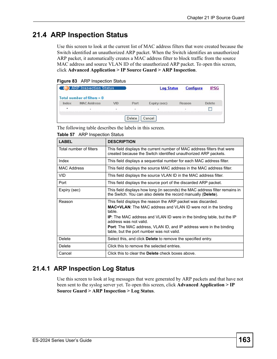 4 arp inspection status, 1 arp inspection log status, Figure 83 arp inspection status | Table 57 arp inspection status | ZyXEL Communications ES-2024 Series User Manual | Page 163 / 266