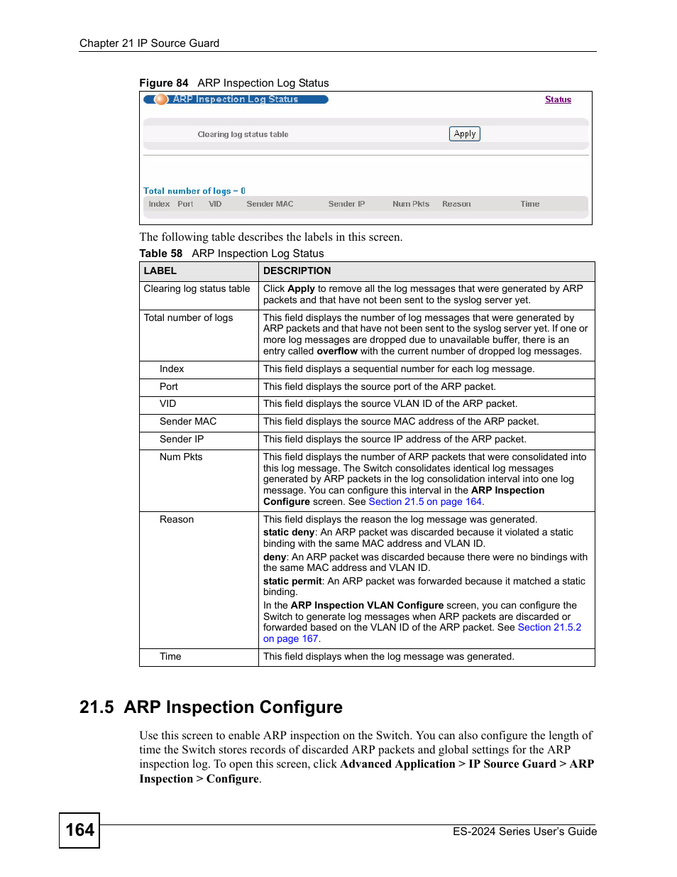 5 arp inspection configure, Figure 84 arp inspection log status, Table 58 arp inspection log status | ZyXEL Communications ES-2024 Series User Manual | Page 164 / 266