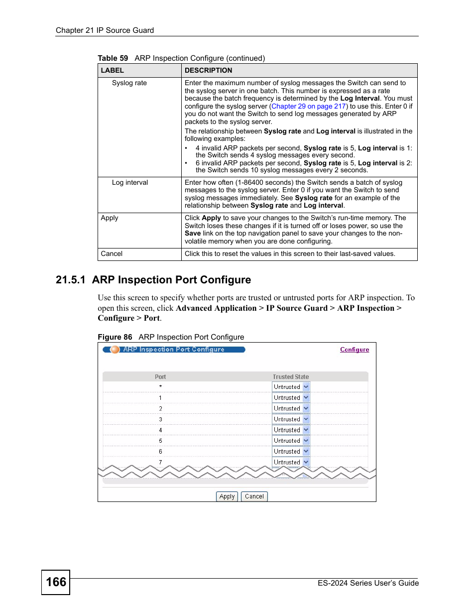 1 arp inspection port configure, Figure 86 arp inspection port configure | ZyXEL Communications ES-2024 Series User Manual | Page 166 / 266