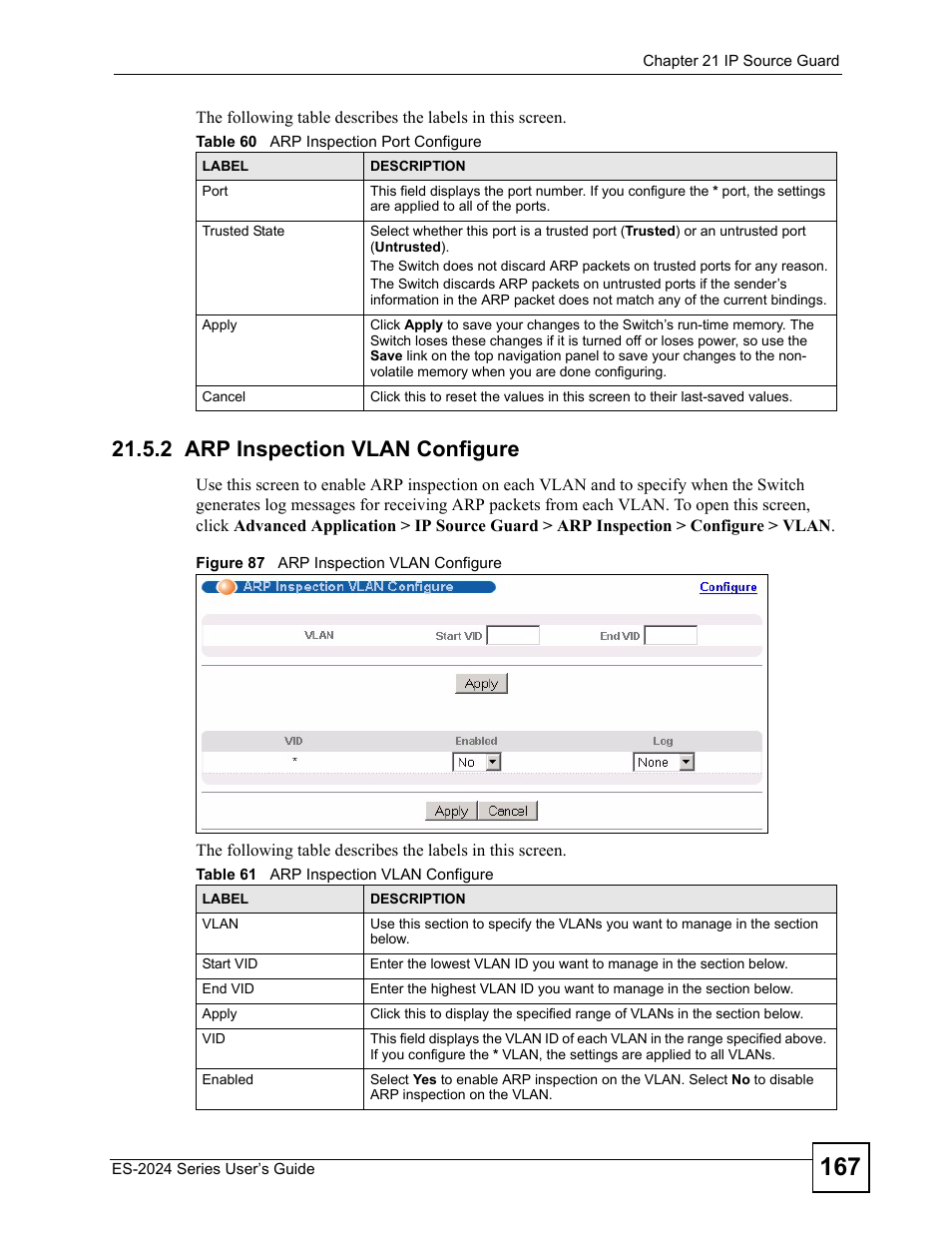 2 arp inspection vlan configure, Figure 87 arp inspection vlan configure, Section 21.5.2 | ZyXEL Communications ES-2024 Series User Manual | Page 167 / 266