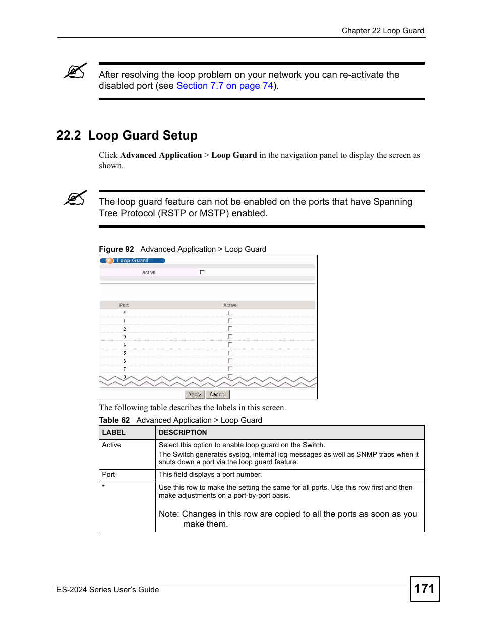 2 loop guard setup, Figure 92 advanced application > loop guard, Table 62 advanced application > loop guard | ZyXEL Communications ES-2024 Series User Manual | Page 171 / 266
