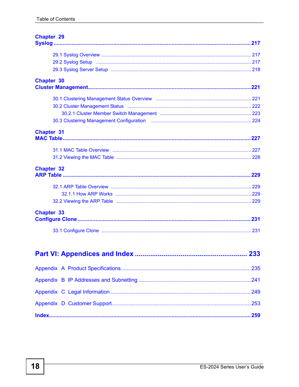 Part vi: appendices and index | ZyXEL Communications ES-2024 Series User Manual | Page 18 / 266