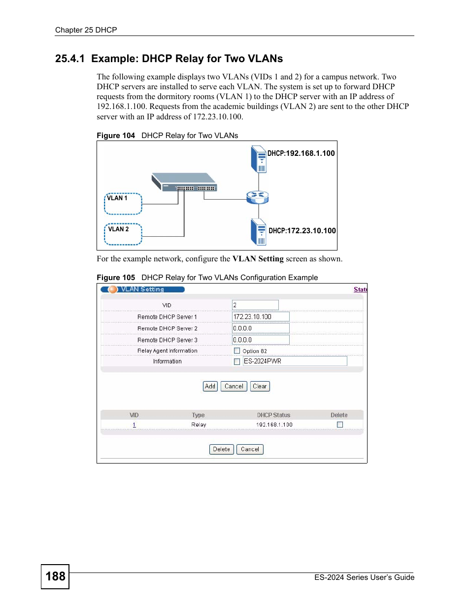 1 example: dhcp relay for two vlans | ZyXEL Communications ES-2024 Series User Manual | Page 188 / 266
