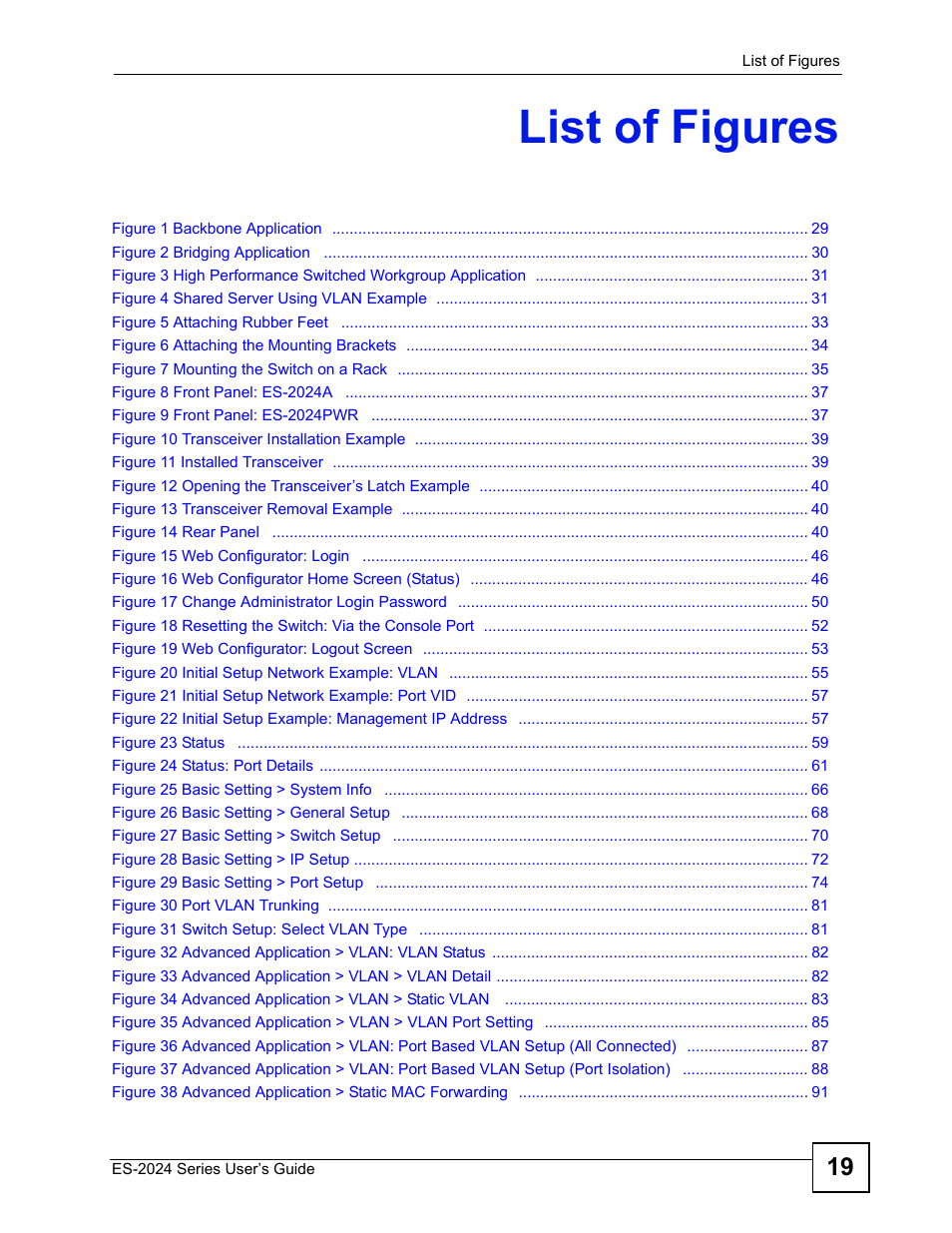 List of figures | ZyXEL Communications ES-2024 Series User Manual | Page 19 / 266
