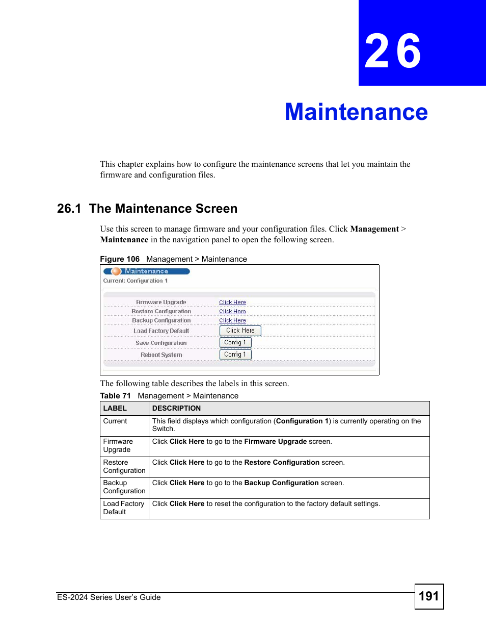 Maintenance, 1 the maintenance screen, Chapter 26 maintenance | Figure 106 management > maintenance, Table 71 management > maintenance, Maintenance (191) | ZyXEL Communications ES-2024 Series User Manual | Page 191 / 266