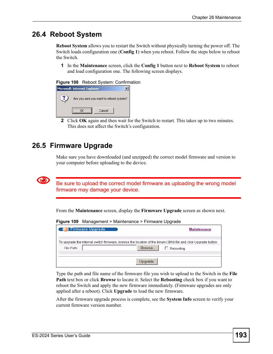 4 reboot system, 5 firmware upgrade, 4 reboot system 26.5 firmware upgrade | ZyXEL Communications ES-2024 Series User Manual | Page 193 / 266