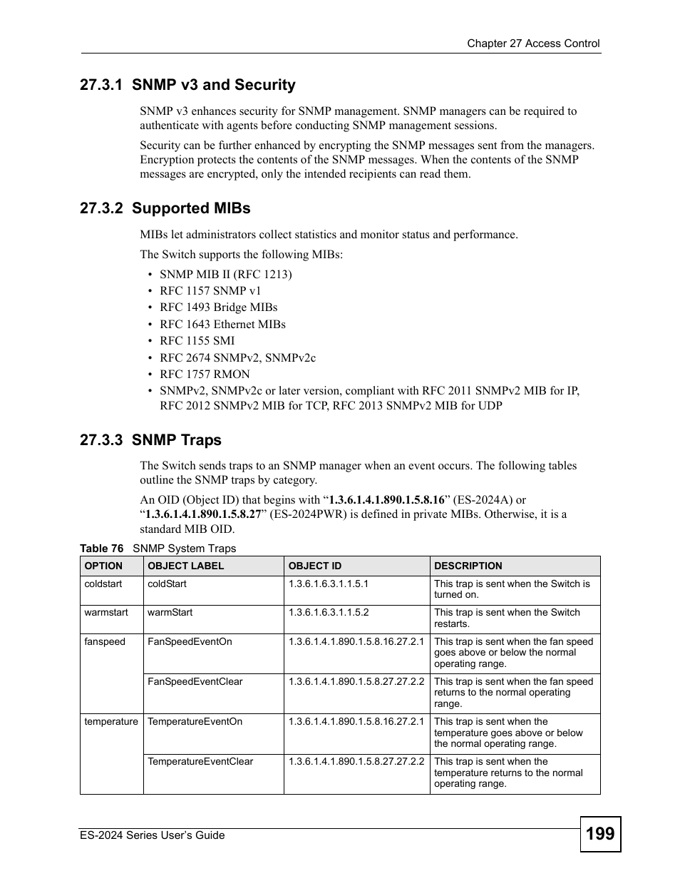 1 snmp v3 and security, 2 supported mibs, 3 snmp traps | Table 76 snmp system traps | ZyXEL Communications ES-2024 Series User Manual | Page 199 / 266