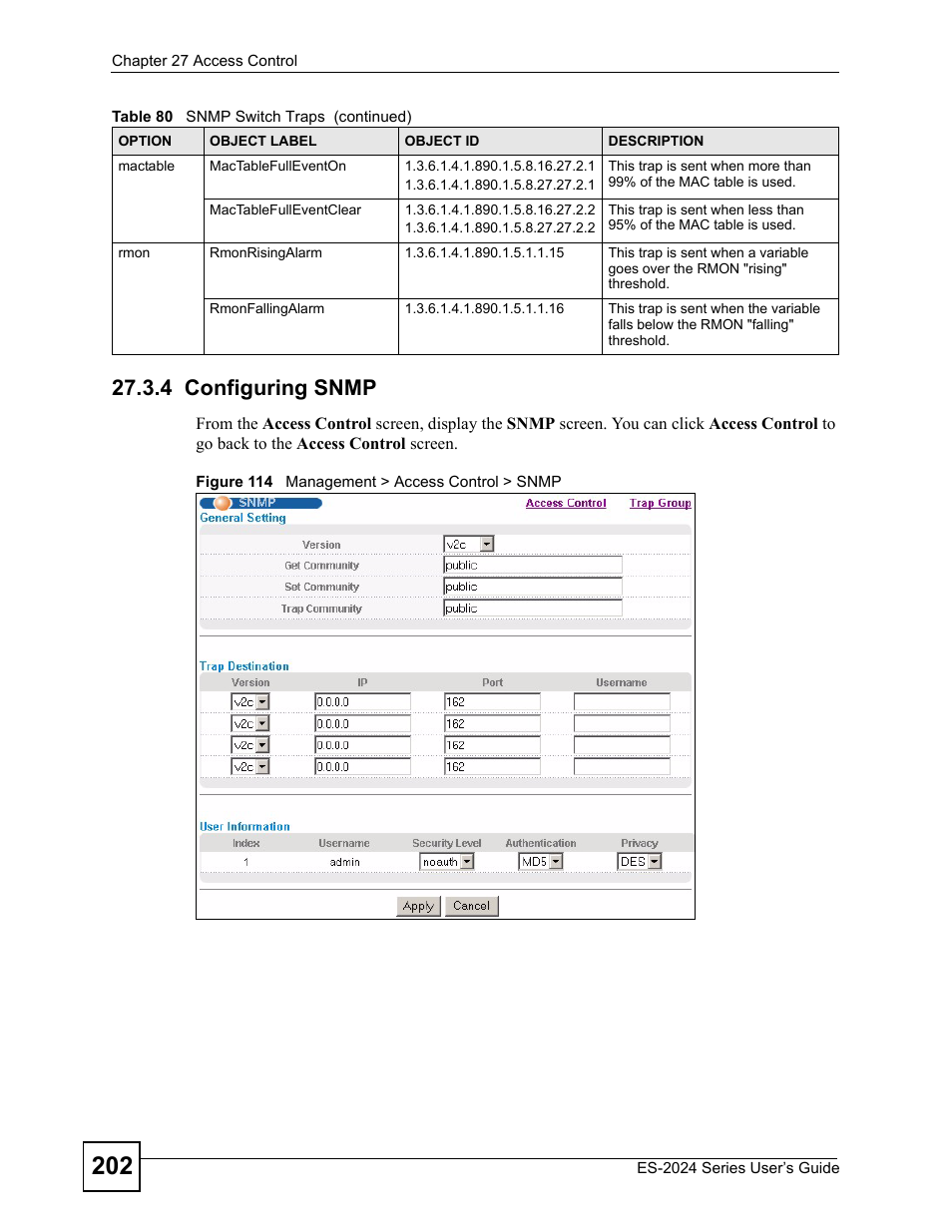 4 configuring snmp, Figure 114 management > access control > snmp | ZyXEL Communications ES-2024 Series User Manual | Page 202 / 266