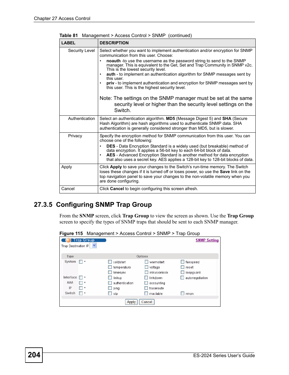 5 configuring snmp trap group | ZyXEL Communications ES-2024 Series User Manual | Page 204 / 266