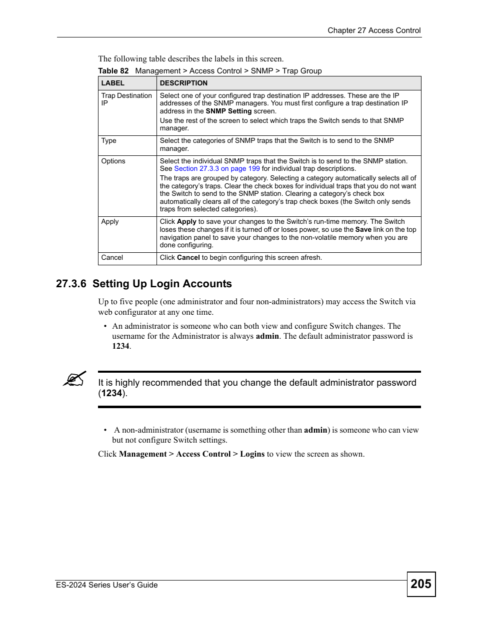 6 setting up login accounts | ZyXEL Communications ES-2024 Series User Manual | Page 205 / 266
