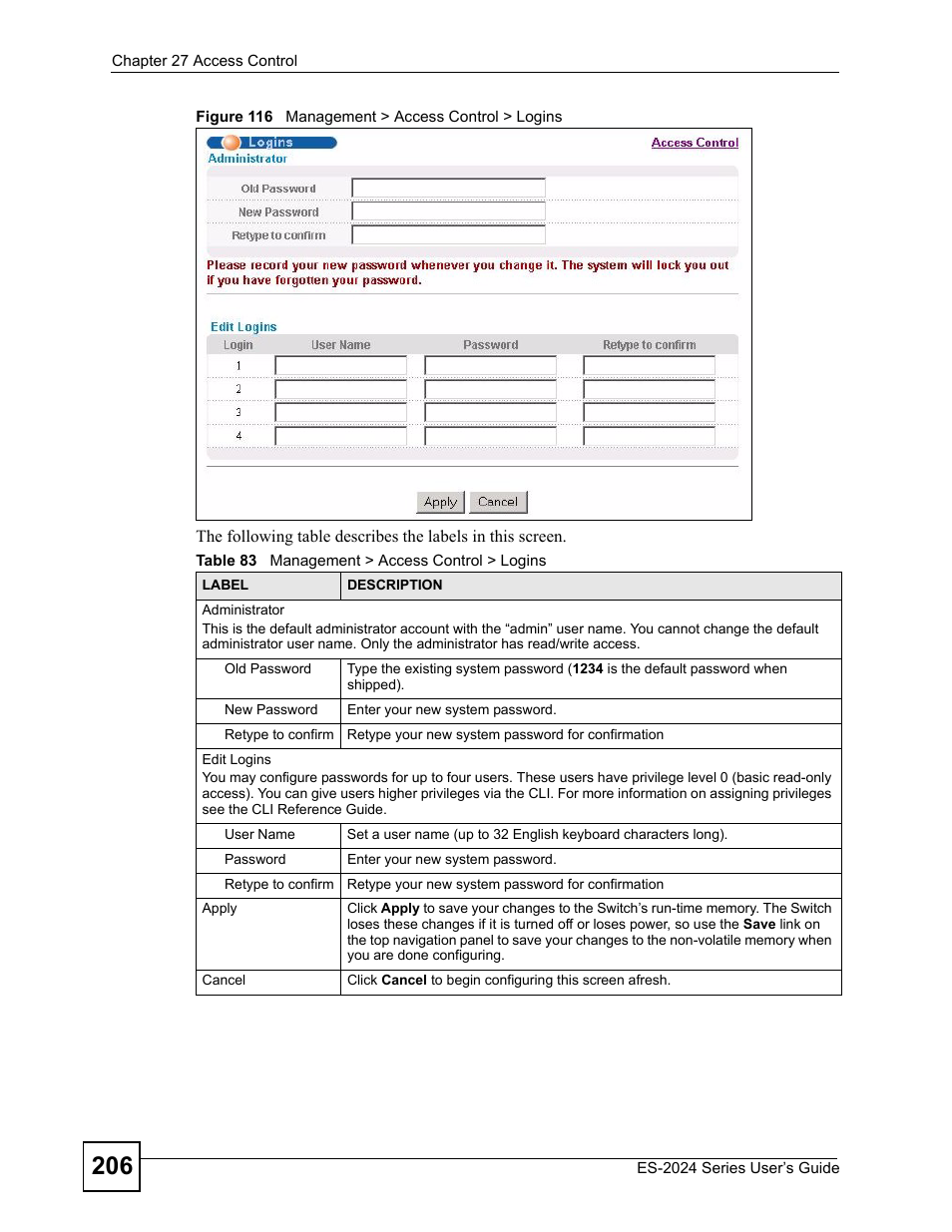 Figure 116 management > access control > logins, Table 83 management > access control > logins | ZyXEL Communications ES-2024 Series User Manual | Page 206 / 266
