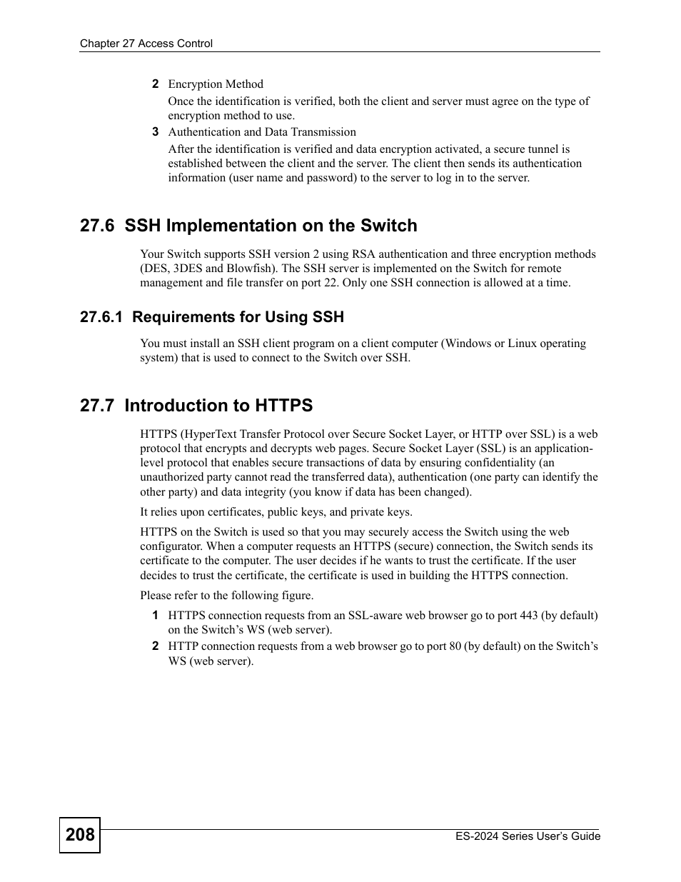 6 ssh implementation on the switch, 1 requirements for using ssh, 7 introduction to https | ZyXEL Communications ES-2024 Series User Manual | Page 208 / 266