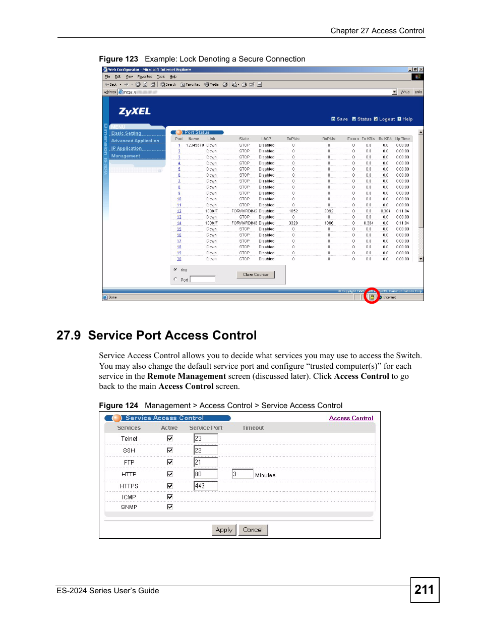 9 service port access control | ZyXEL Communications ES-2024 Series User Manual | Page 211 / 266