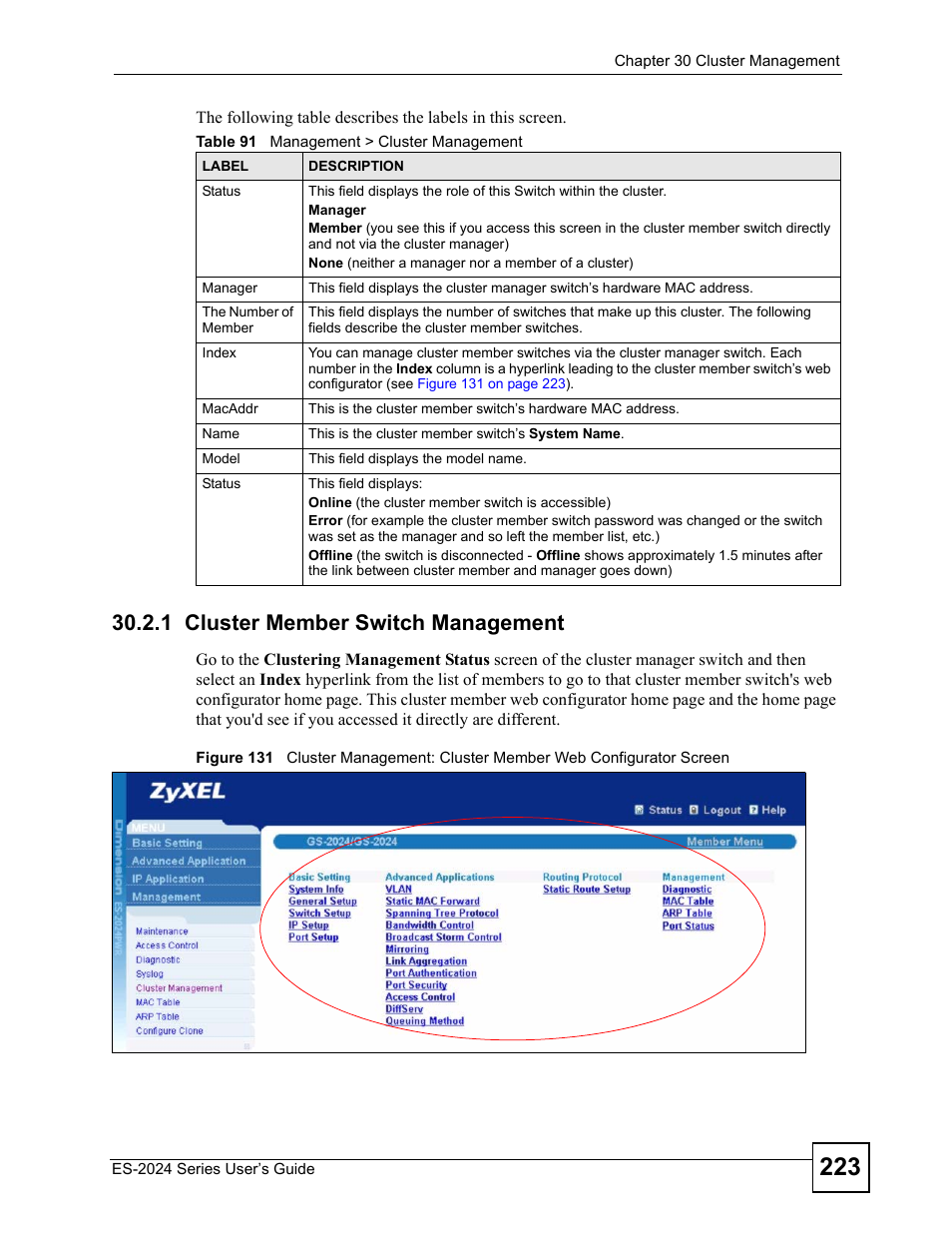 1 cluster member switch management, Table 91 management > cluster management | ZyXEL Communications ES-2024 Series User Manual | Page 223 / 266
