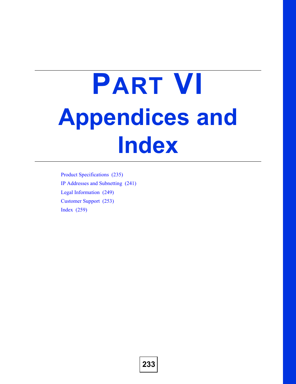 Appendices and index, Part vi: appendices and index | ZyXEL Communications ES-2024 Series User Manual | Page 233 / 266