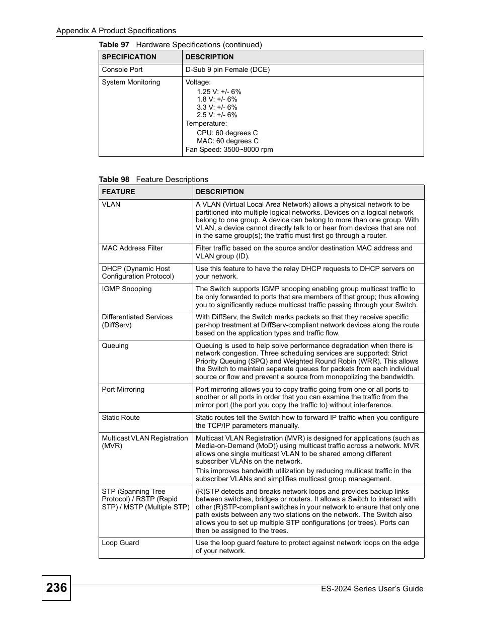 Table 98 feature descriptions | ZyXEL Communications ES-2024 Series User Manual | Page 236 / 266